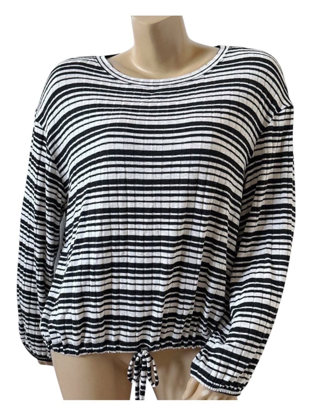 Mudd Striped Top Womens XL Black White Ribbed Knit Long Sleeve Drawstring Hem